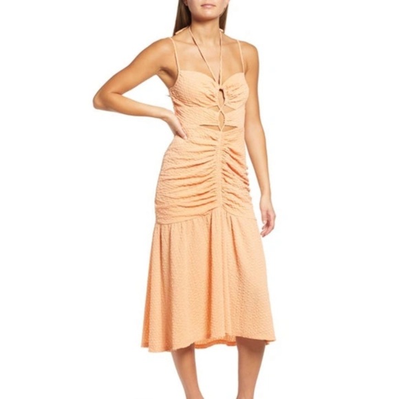 NWOT WAYF Iris Ruffle Hem Midi Dress Orange Ruched Lace Up Cutouts Bodycon Sexy - Picture 1 of 16